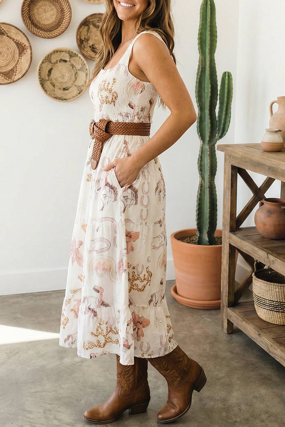 Little Daisy Closet - LDC Printed U Neck Sleevless Smocked Bodice Shift Midi Dress