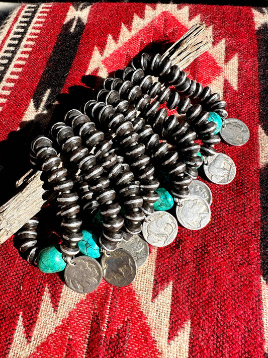 African Ebony Wood and Turquoise Stretch Bracelets