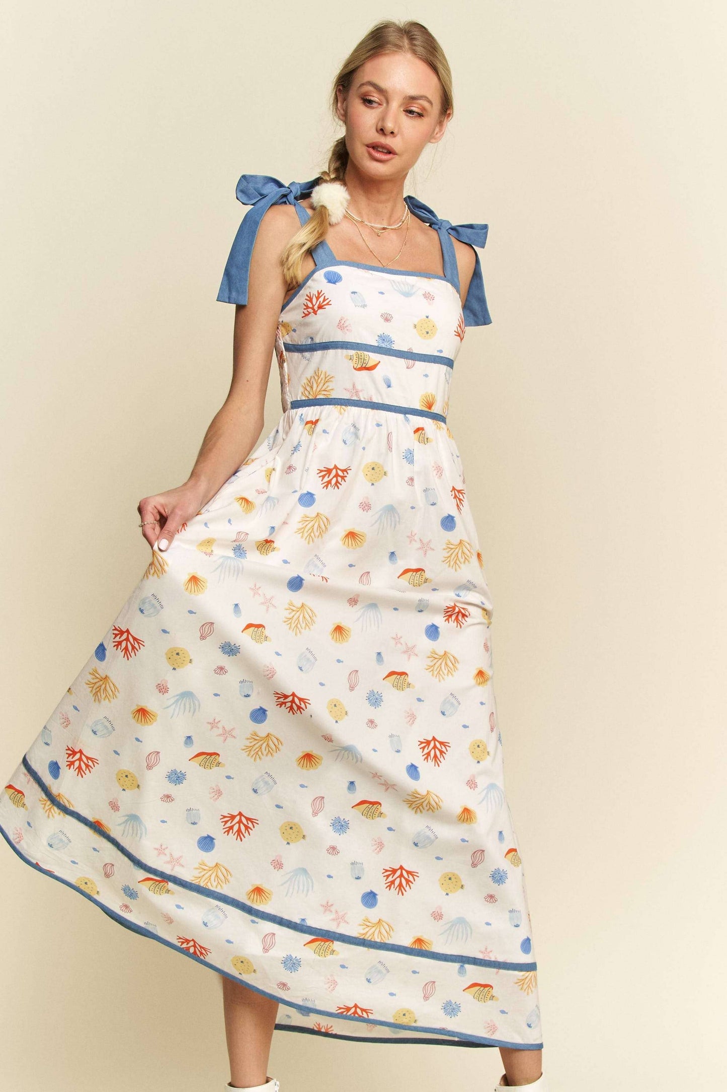 Davi & Dani - DENIM BINDING DETAIL SMOCKING SUMMER MAXI DRESS