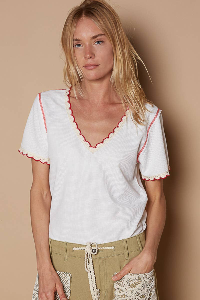 Pol Clothing - Colored trim v-neck short sleeve solid basic knit top