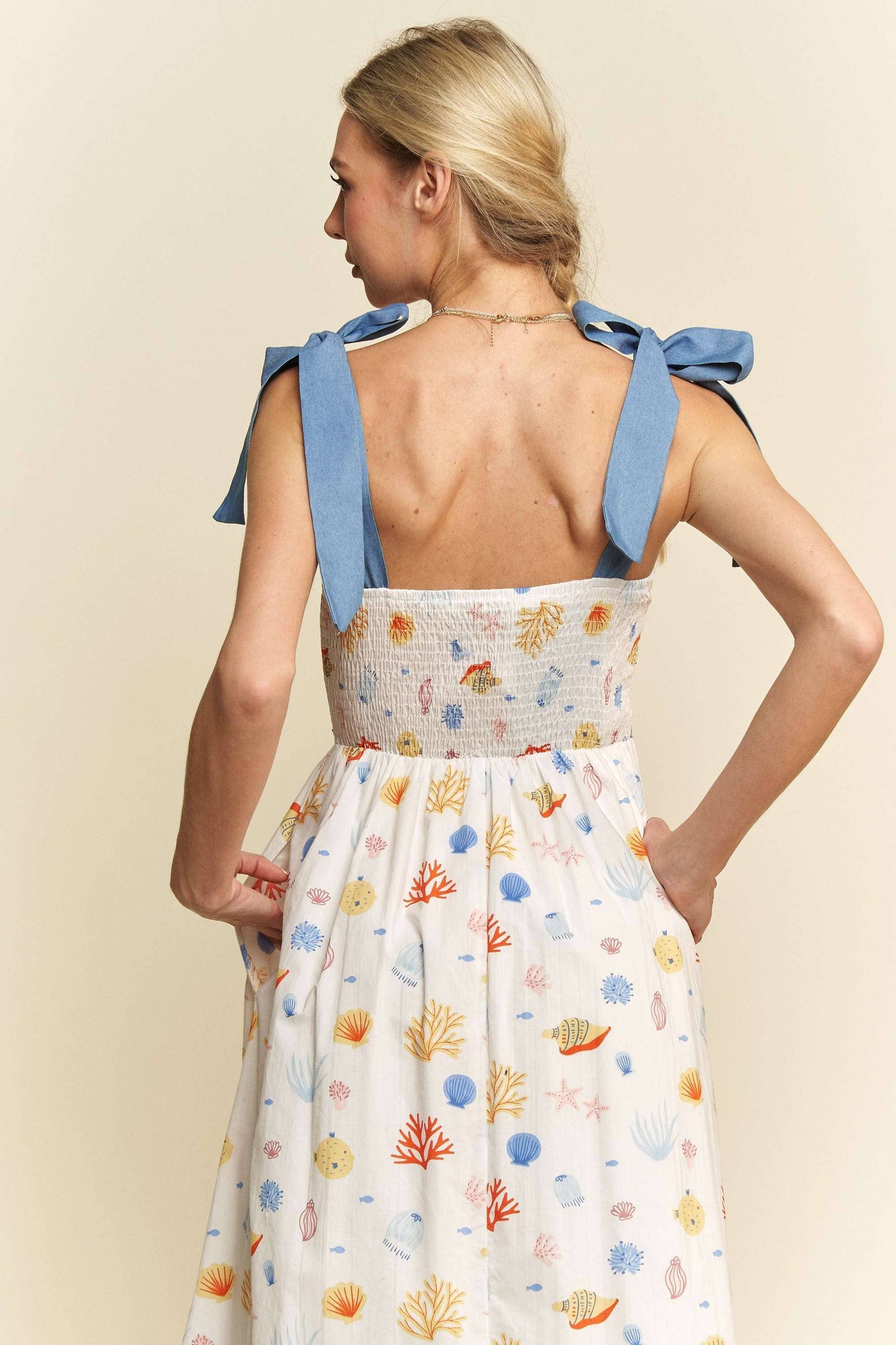 Davi & Dani - DENIM BINDING DETAIL SMOCKING SUMMER MAXI DRESS
