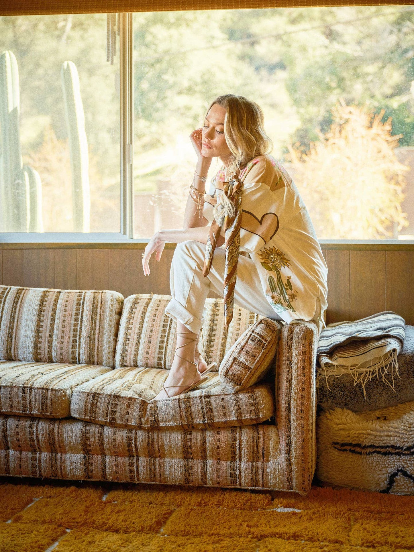 Blue B - 23649T - Embroidered Sequin Floral Linen Blouse