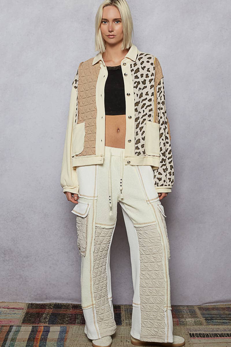 Pol Clothing - Floral Animal Print Contrast Color Block Quilted Jacket