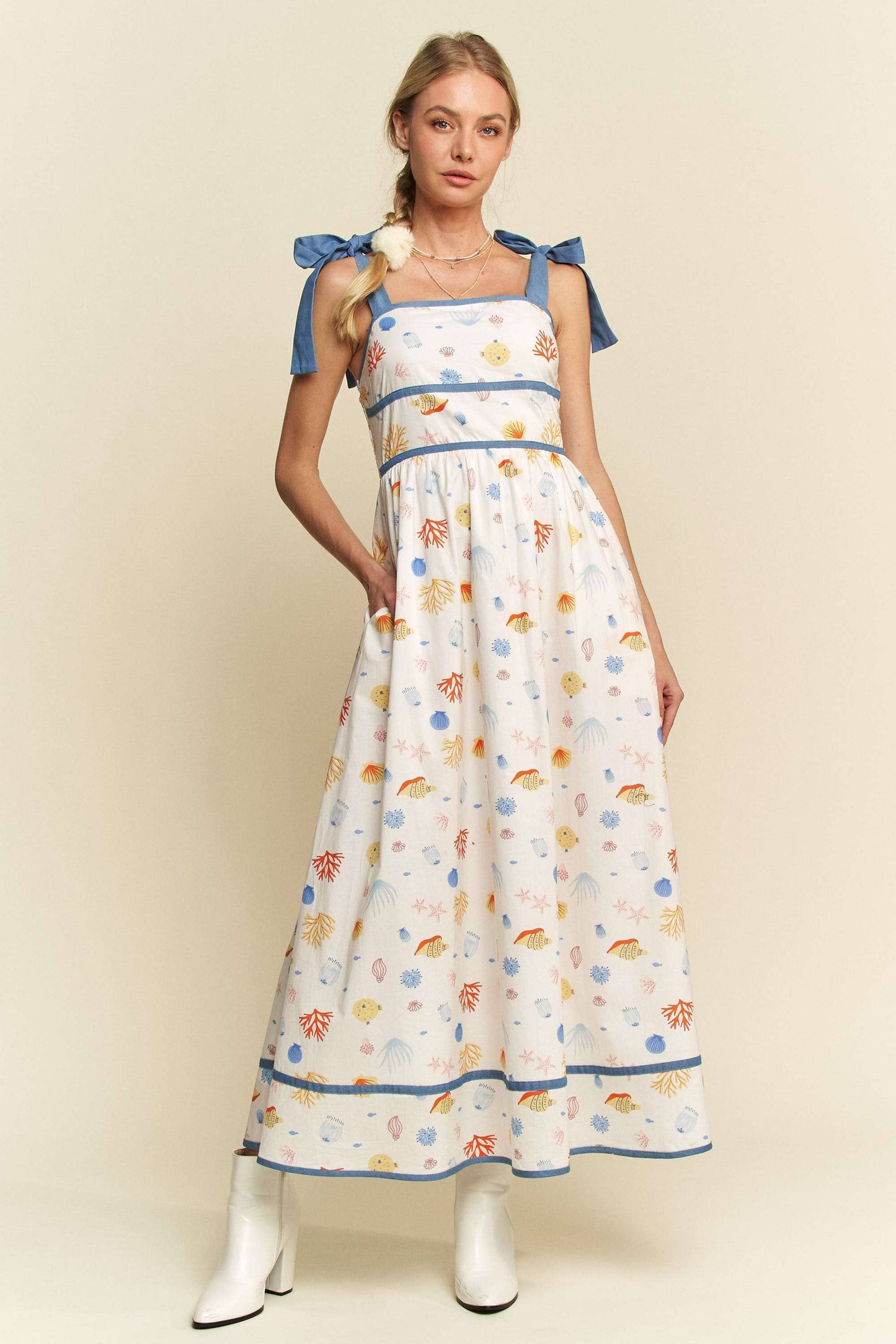 Davi & Dani - DENIM BINDING DETAIL SMOCKING SUMMER MAXI DRESS