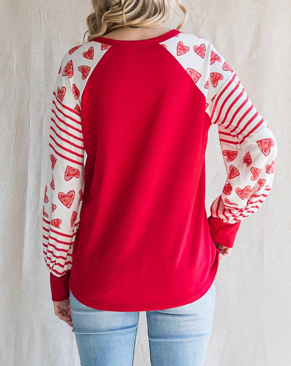 Heart Striped Raglan Sleeve Henley Top