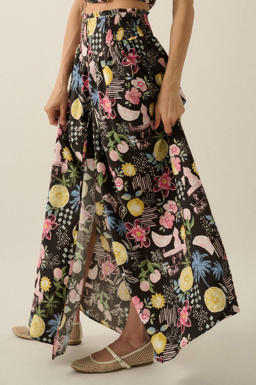 Promesa USA - Fruit and Floral-Print Button-Front Smocked Maxi Skirt
