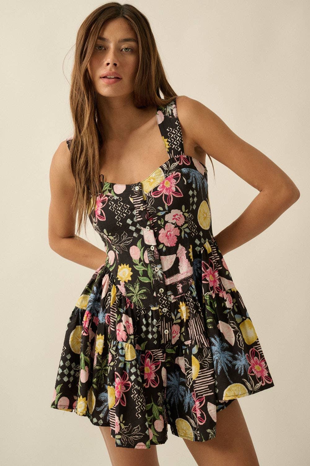 Promesa USA - Tropical Floral-Print Tiered Ruffle Sleeveless Romper
