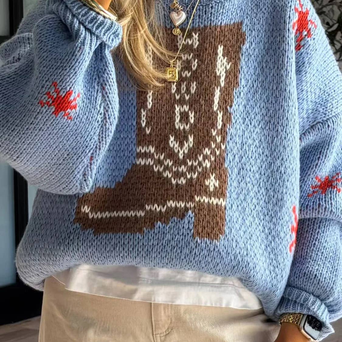 Rosa Clothing - Western cowboy boots jacquard knit sweater