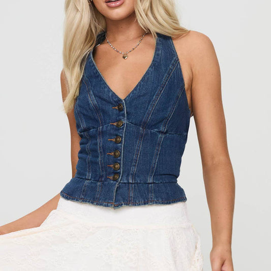 Rosa Clothing - Hottie Tie String Button Halterneck Denim Vest