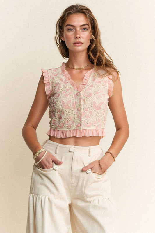 Davi & Dani - CROCHET LACE RUFFLE SNAP BUTTON CLOSURE VEST