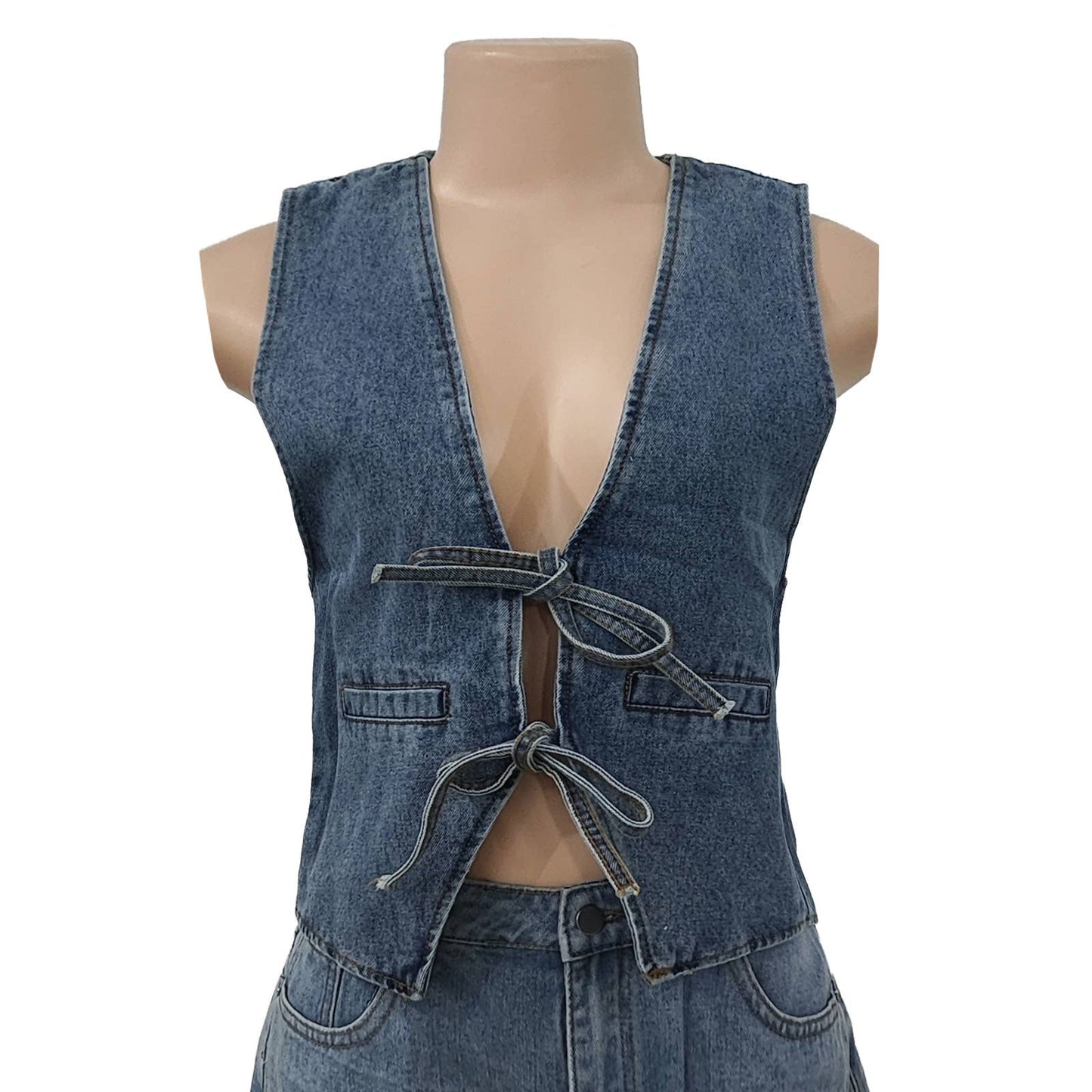 Rosa Clothing - Front bow tie v-neck Denim vest