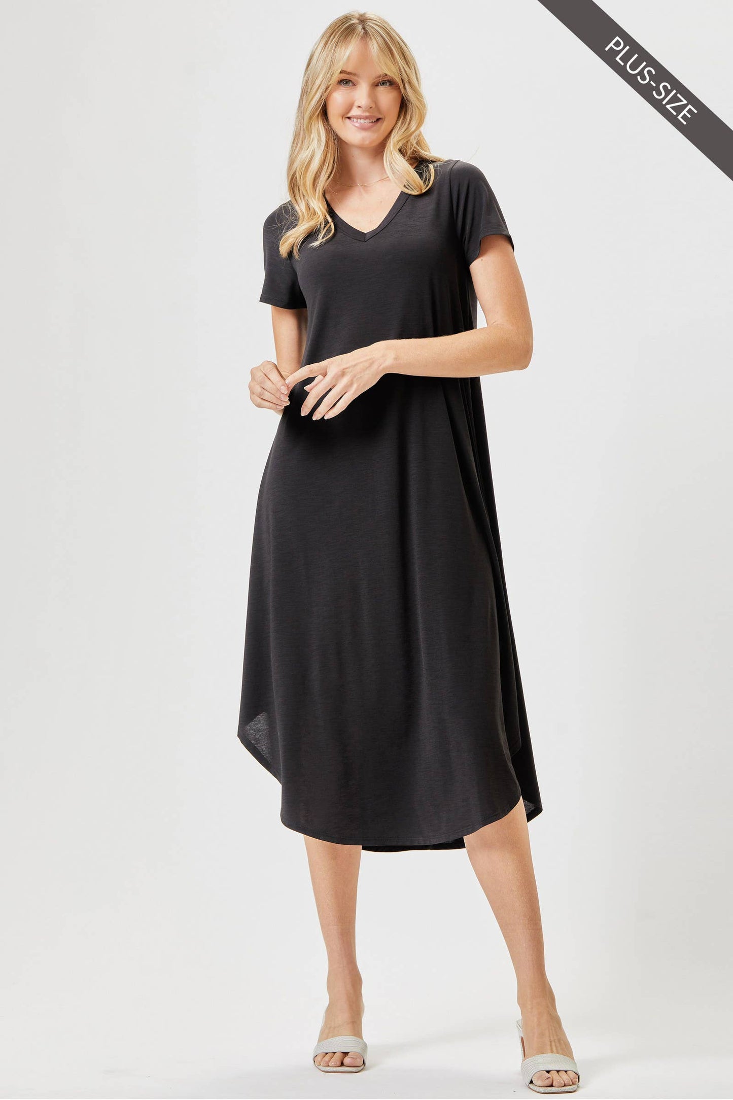 PLUS SIZE Beautiful Solid Midi Dress With Dolphin Hemline