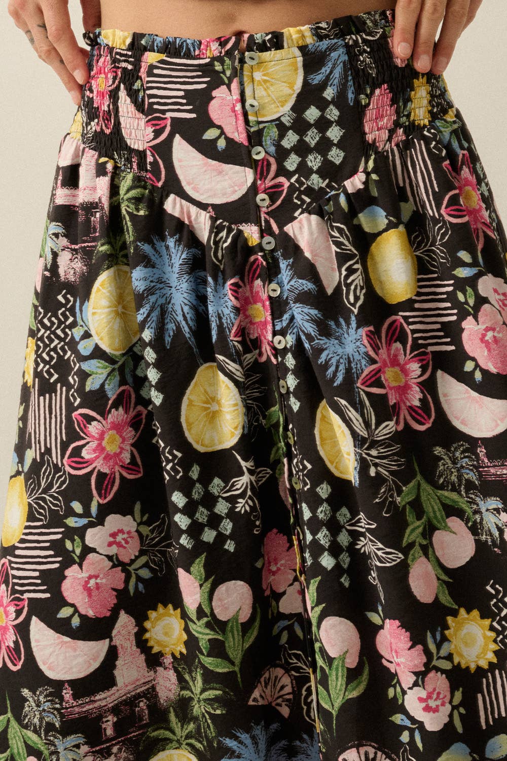 Promesa USA - Fruit and Floral-Print Button-Front Smocked Maxi Skirt