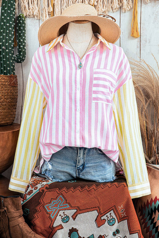 fashionworks - Fashion-W Stripe Collar Patchwork Long Sleeve Shirt