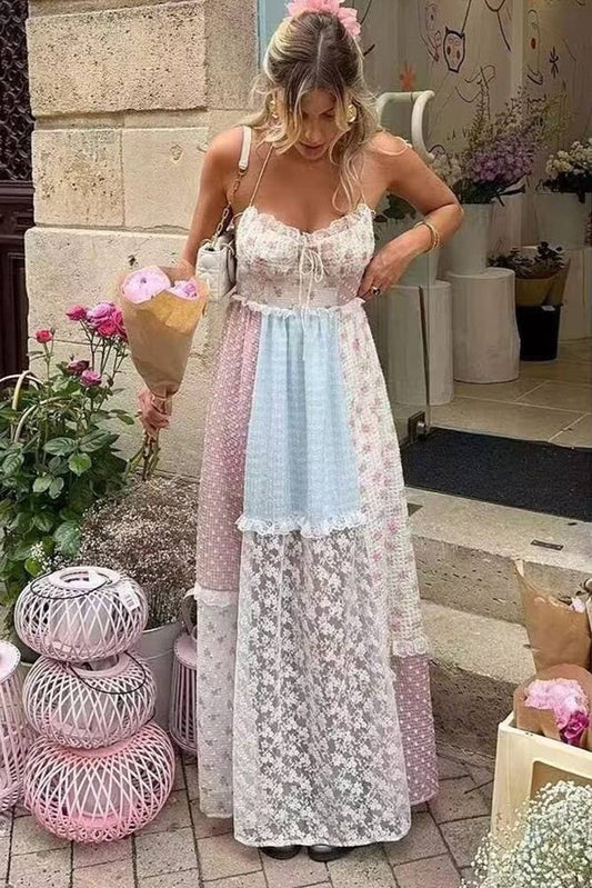 Rosa Clothing - Floral sheer mesh lace patchwork halter maxi flare dress