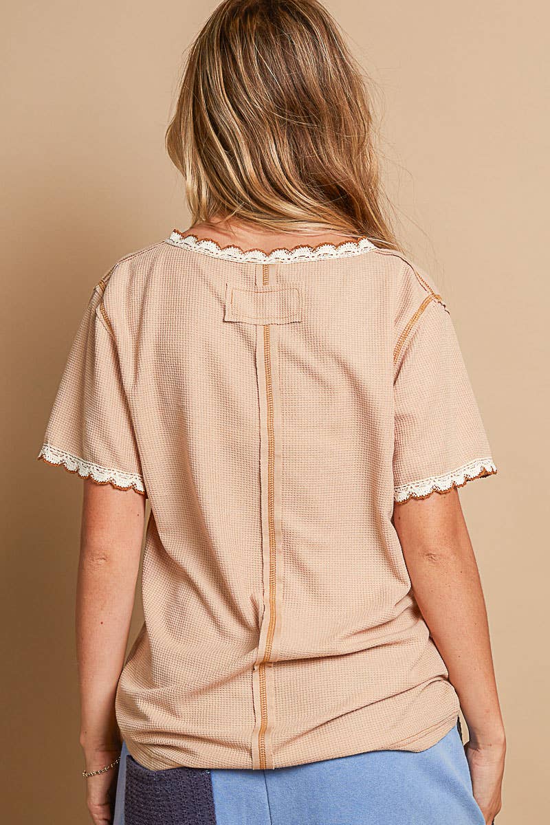 Pol Clothing - Colored trim v-neck short sleeve solid basic knit top
