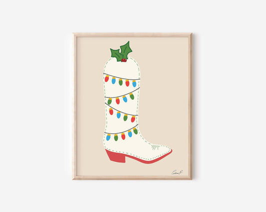 Christmas Lights Cowboy Boot Wall Art Print | Texmas Art