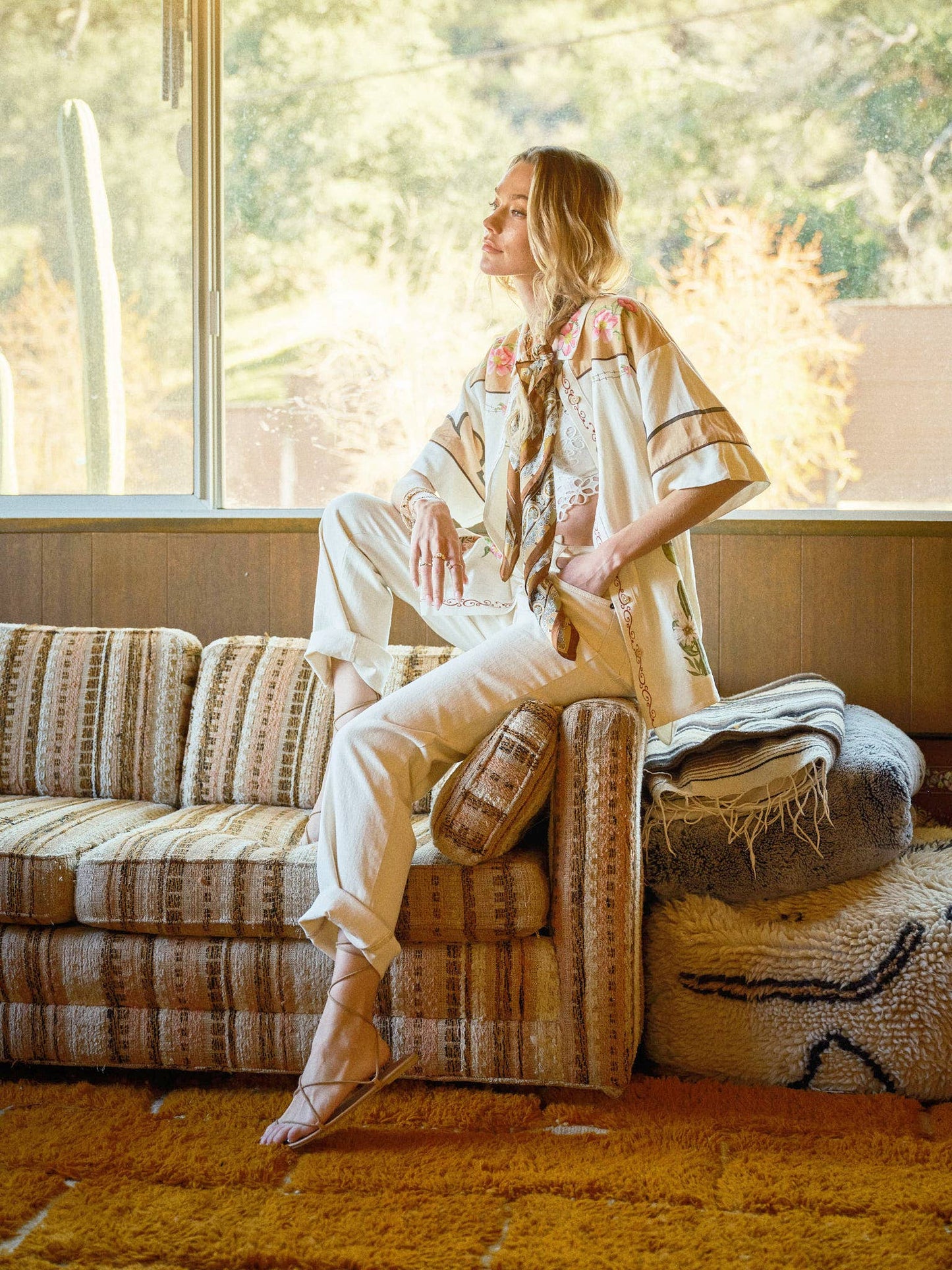 Blue B - 23649T - Embroidered Sequin Floral Linen Blouse