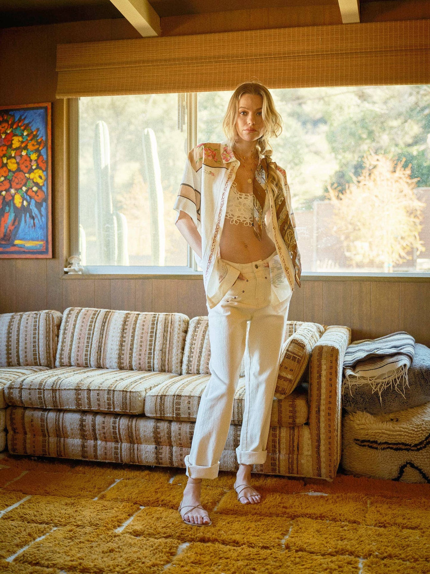 Blue B - 23649T - Embroidered Sequin Floral Linen Blouse