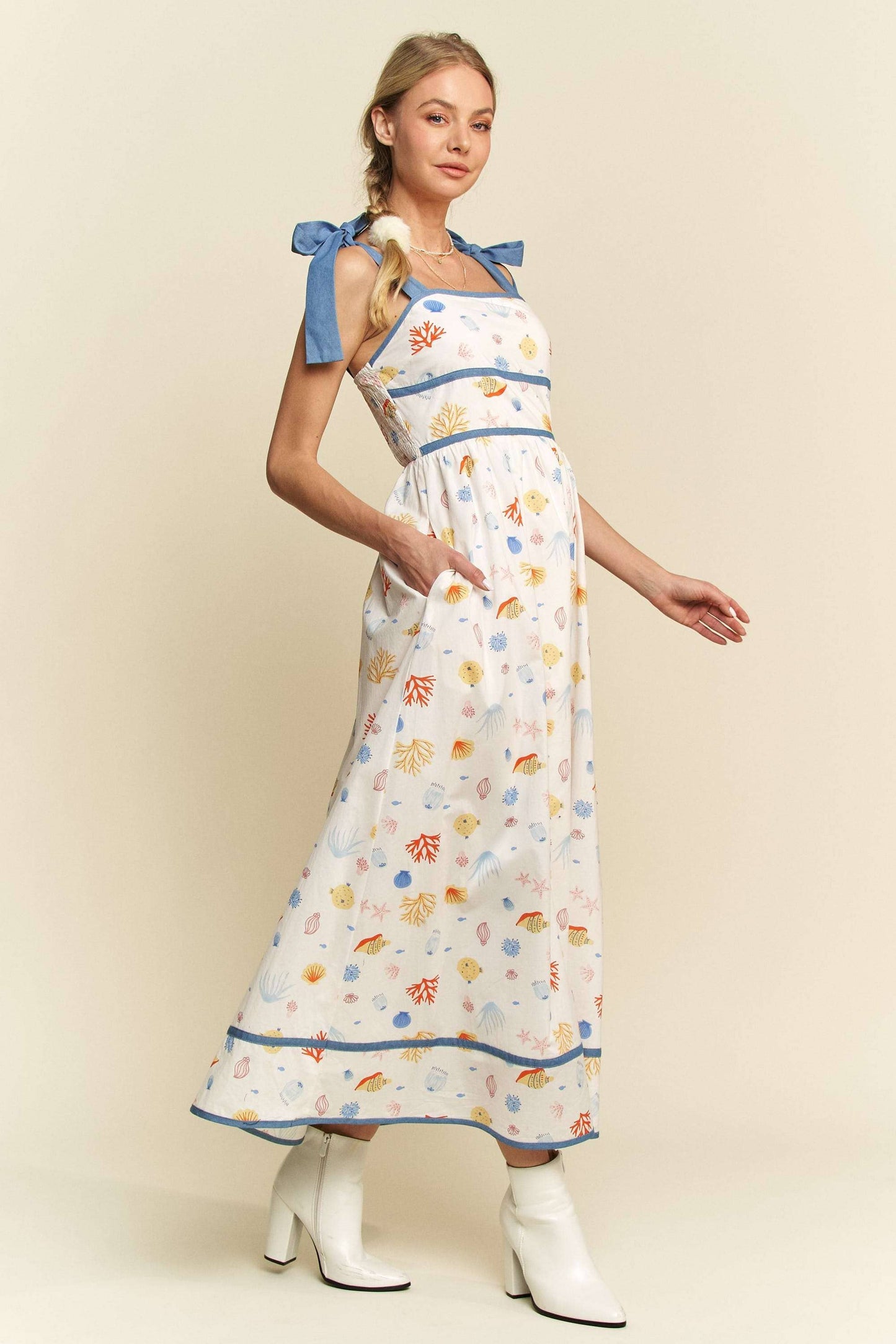 Davi & Dani - DENIM BINDING DETAIL SMOCKING SUMMER MAXI DRESS