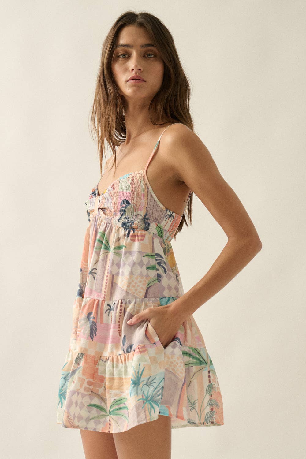 Promesa USA - Tropical-Print Smocked Sweetheart Tiered Babydoll Romper