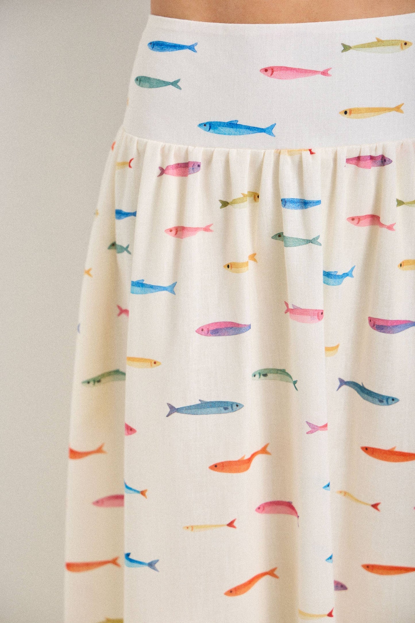 Baevely by Wellmade USA - FISH PRINT SMOCKED BACK WAIST MIDI SKIRT