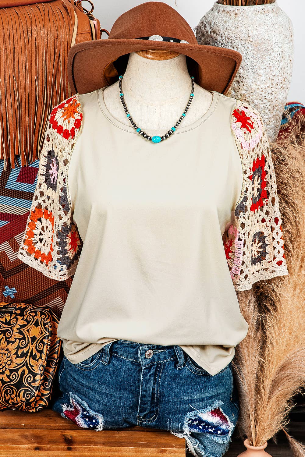 fashionworks -  Fashion-W Floral Crochet Short Sleeve Top*S-XL