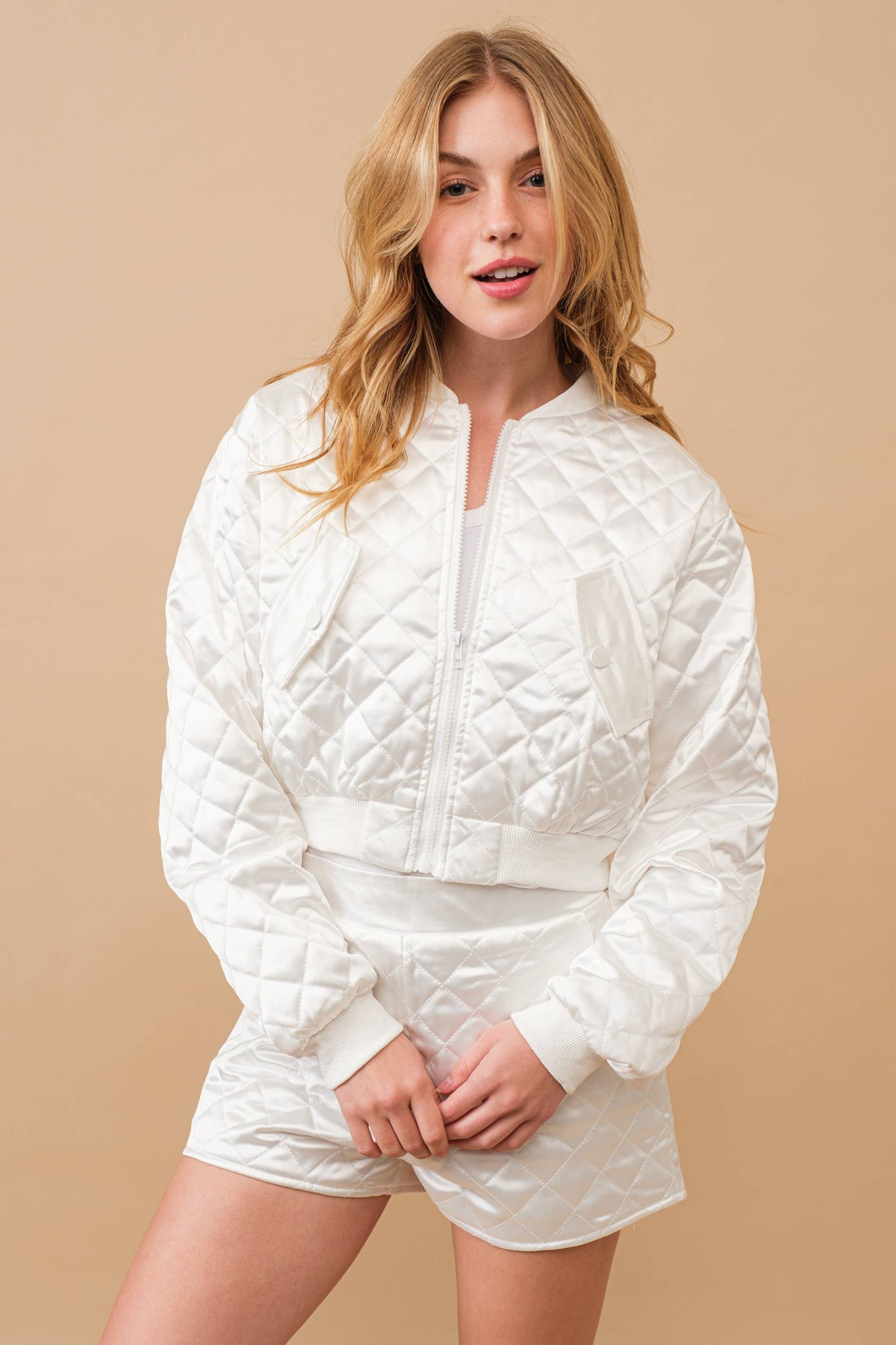 Blue B - 61234SET Quilted Crop Pocket Bomber Jacket w/ Matching Set