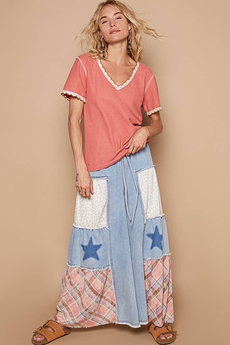Pol Clothing - Colored trim v-neck short sleeve solid basic knit top