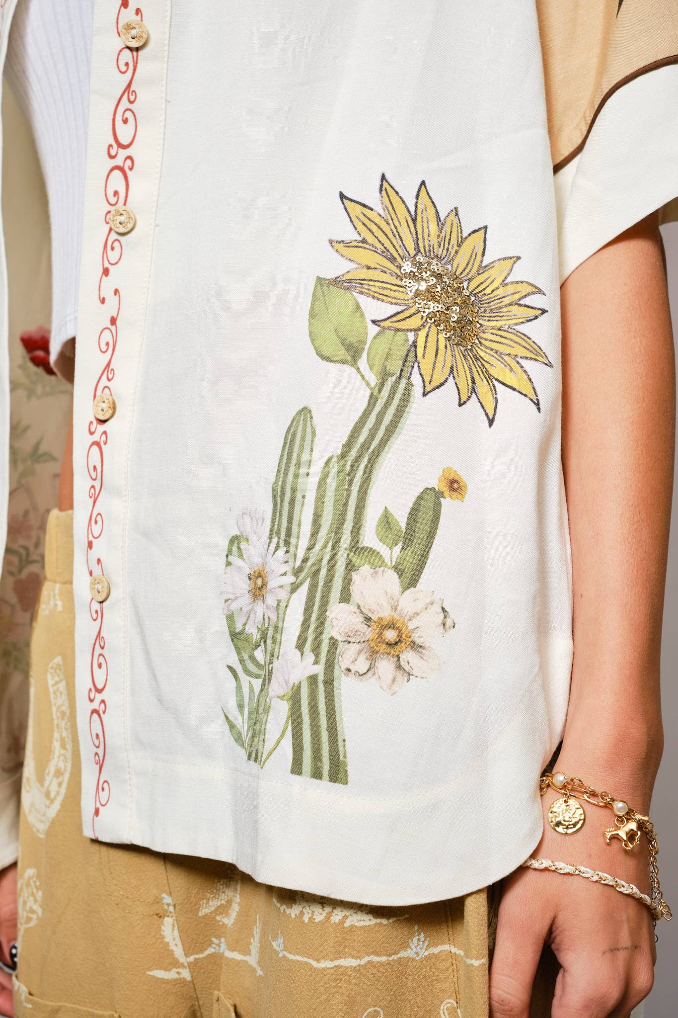 Blue B - 23649T - Embroidered Sequin Floral Linen Blouse