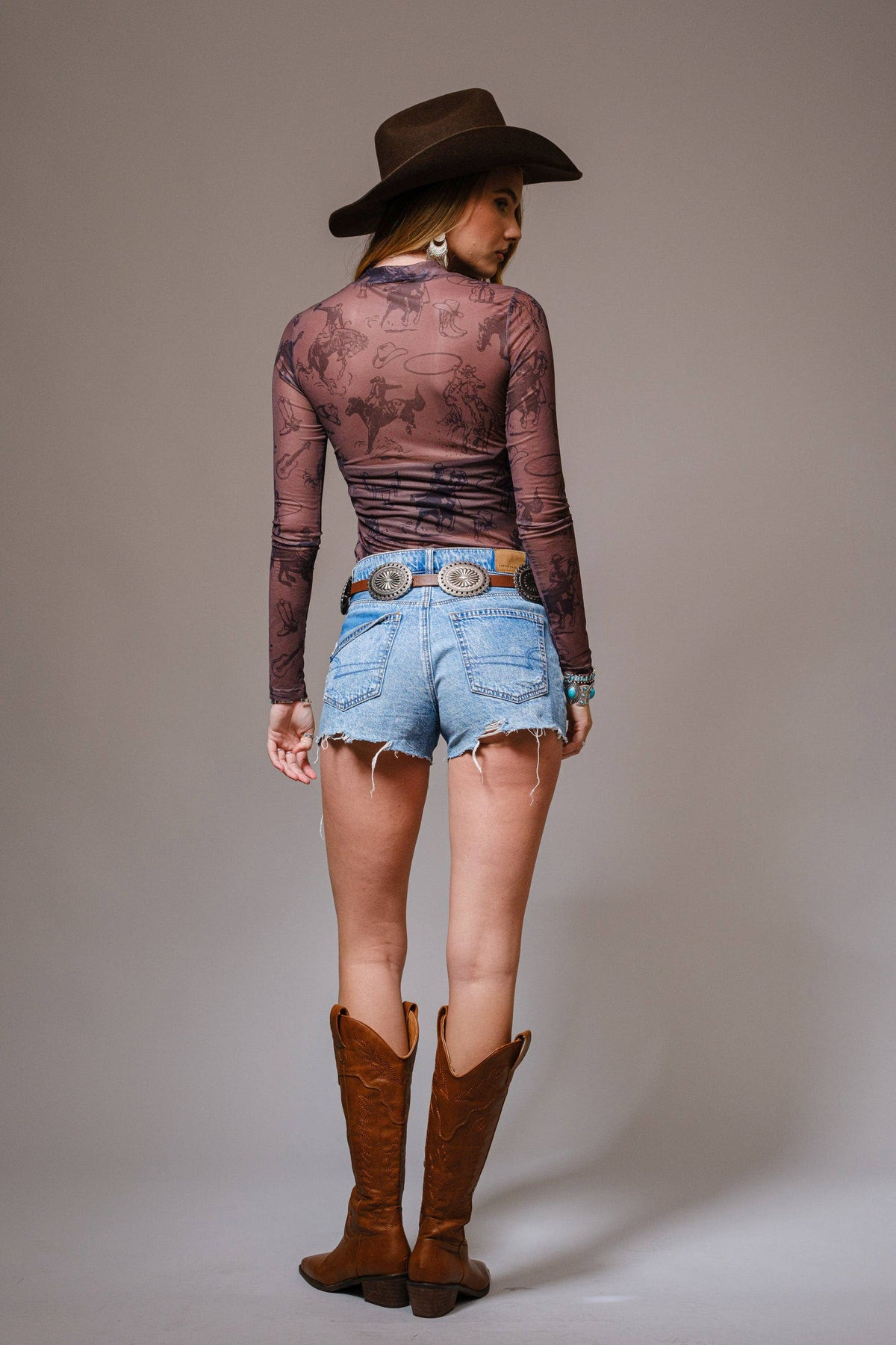 Blue B - 36699T  Cowgirl Print Mesh Mock Neck Top