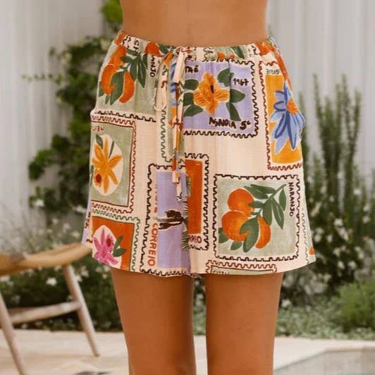 Rosa Clothing - Vintage Quirky Stamp Print Shirt And Shorts Set