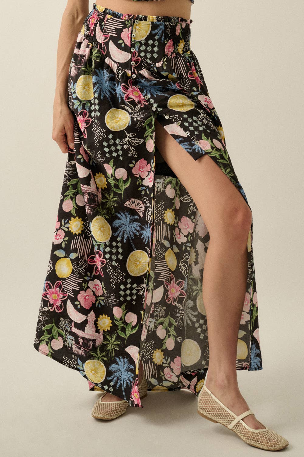 Promesa USA - Fruit and Floral-Print Button-Front Smocked Maxi Skirt