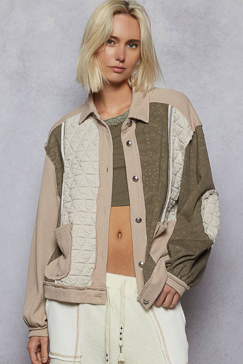 Pol Clothing - Floral Animal Print Contrast Color Block Quilted Jacket