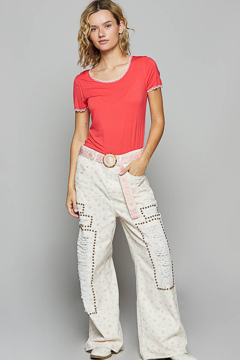 Pol Clothing - Round neck lace lace short sleeve solid basic knit top