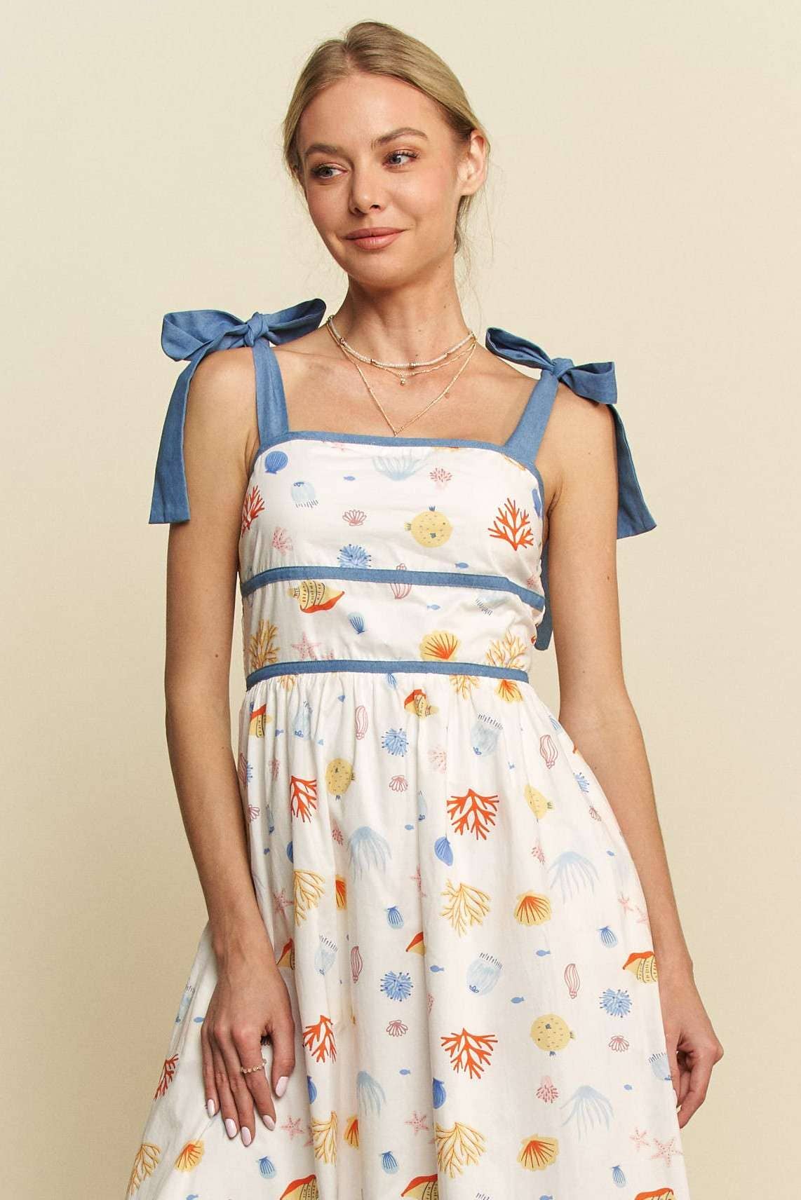 Davi & Dani - DENIM BINDING DETAIL SMOCKING SUMMER MAXI DRESS