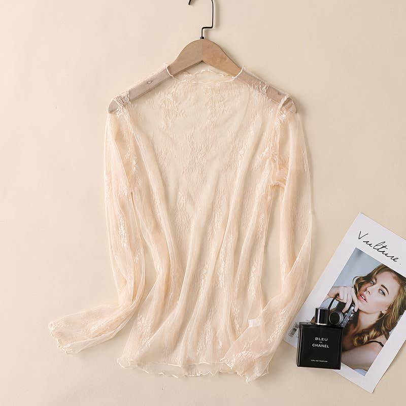 Rosa Clothing - Semi Sheer Mesh Floral Lace Layering See Through Top