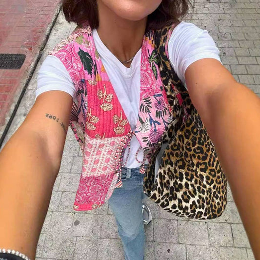 Rosa Clothing - Literary Retro Print Tether Padded Vest