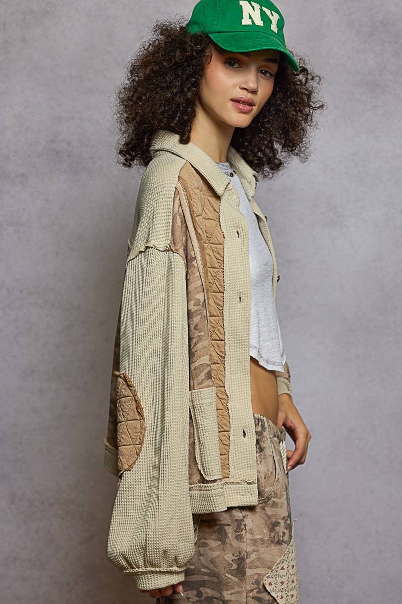 Pol Clothing - Floral Animal Print Contrast Color Block Quilted Jacket