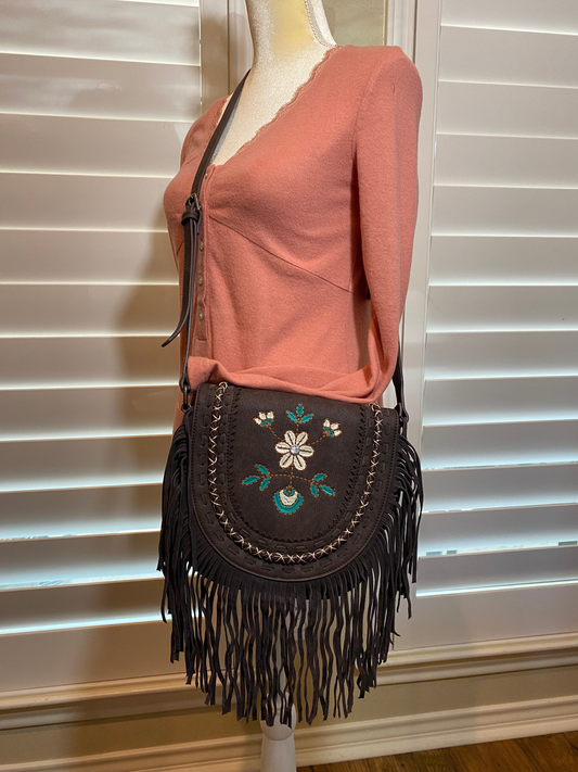 Embroidered Cross Body Bag with Fringe